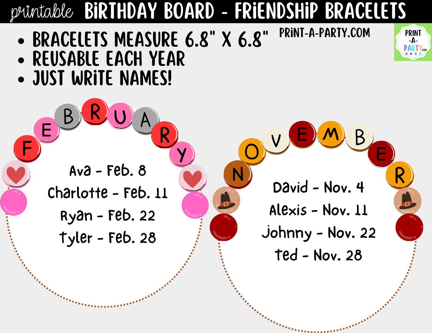 Birthday Display Printable for Classroom - Friendship Bracelets, Student Birthday Decor, Bulletin Board Kit