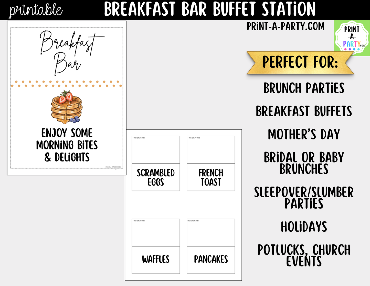 Breakfast Bar Sign & Tent Cards Printable | White