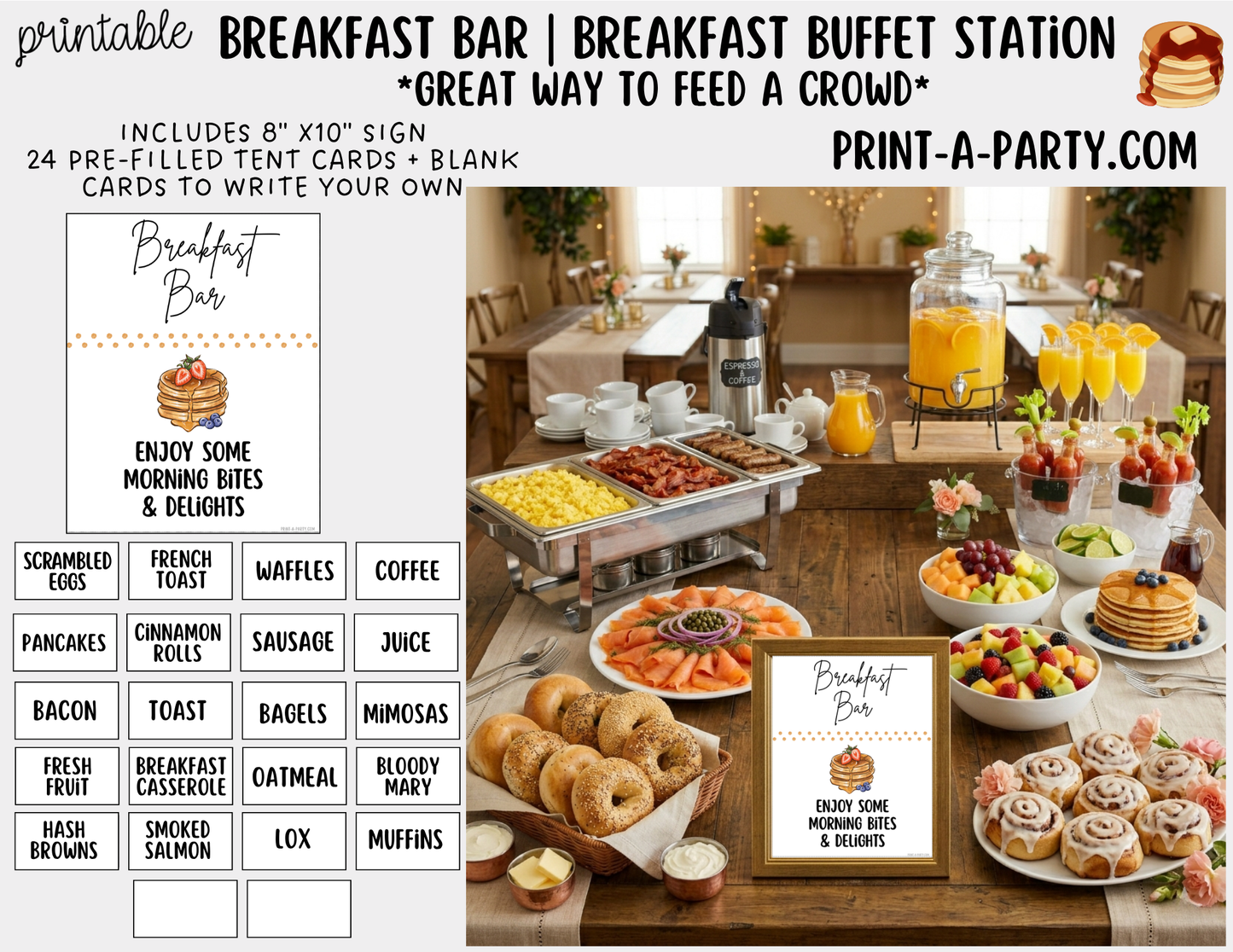 Breakfast Brunch Bar Sign (8x10) + Tent Cards - Printable Brunch Decor for parties, showers, events