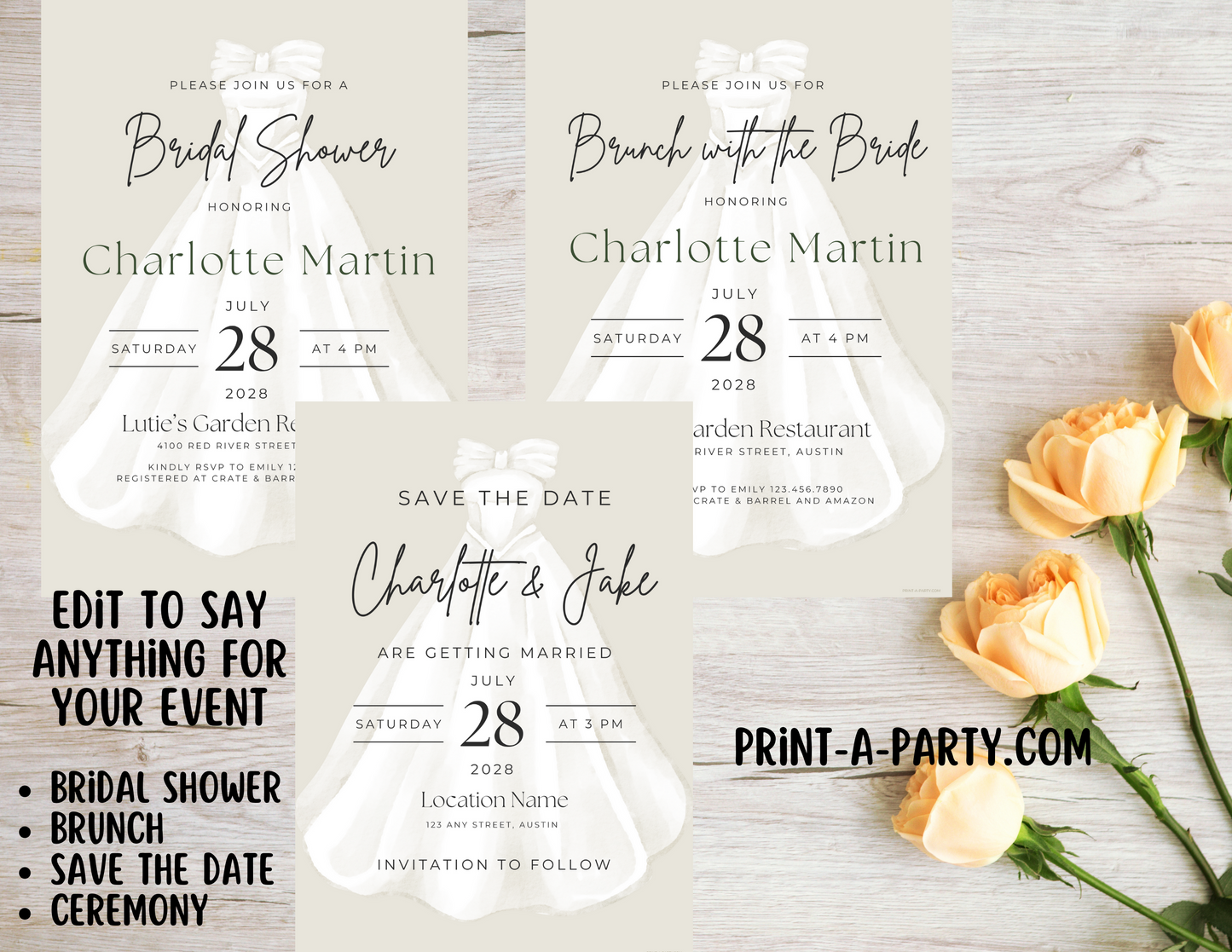 EDITABLE WEDDING EVENT INVITATION: Bridal Shower, Brunch, Save The Date, Editable Invite for posting or printing | Bridal Gown