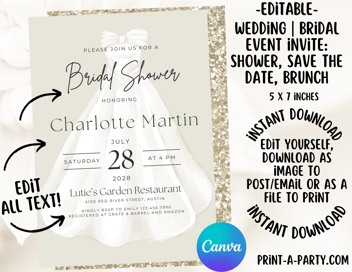 BRIDAL OR WEDDING EVENT - EDITABLE INVITATION: BRIDAL SHOWER, BRUNCH, SAVE THE DATE INVITATION - EDITABLE PRINTABLE | Wedding Shower| Save the Date | Bridal Brunch | Bridal Gown