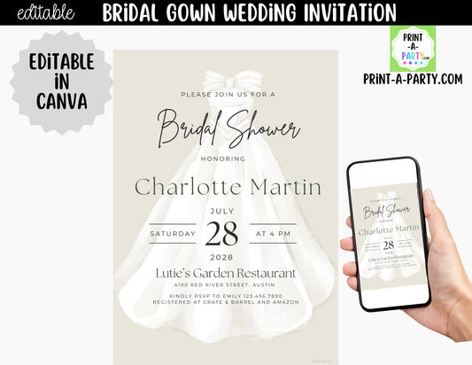 Bridal Gown Wedding Invitation Editable Canva Template