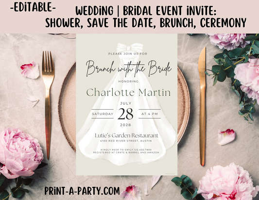 Editable Wedding Invitation Template - BRIDAL GOWN - Canva printable for Bridal Showers, Save-the-Dates, Engagement parties and more