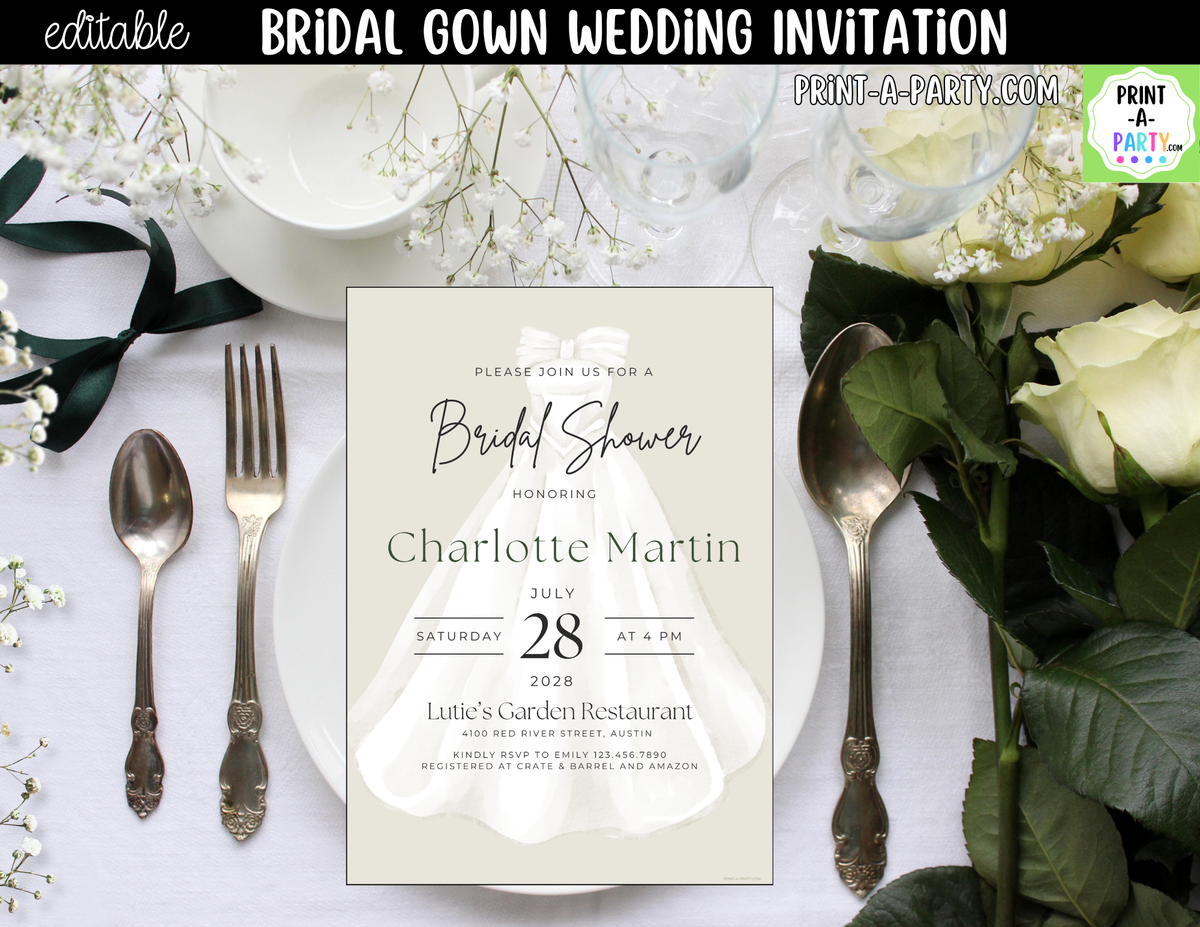 Bridal Gown Wedding Invitation Editable Canva Template