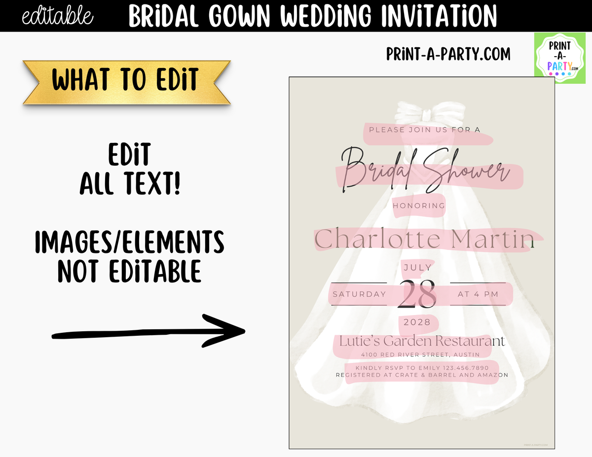 Bridal Gown Wedding Invitation Editable Canva Template