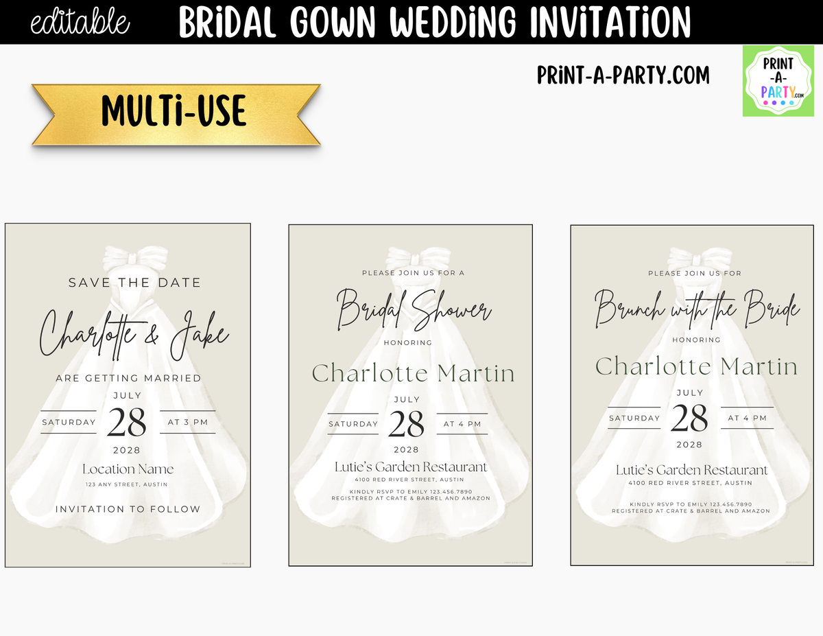 Bridal Gown Wedding Invitation Editable Canva Template