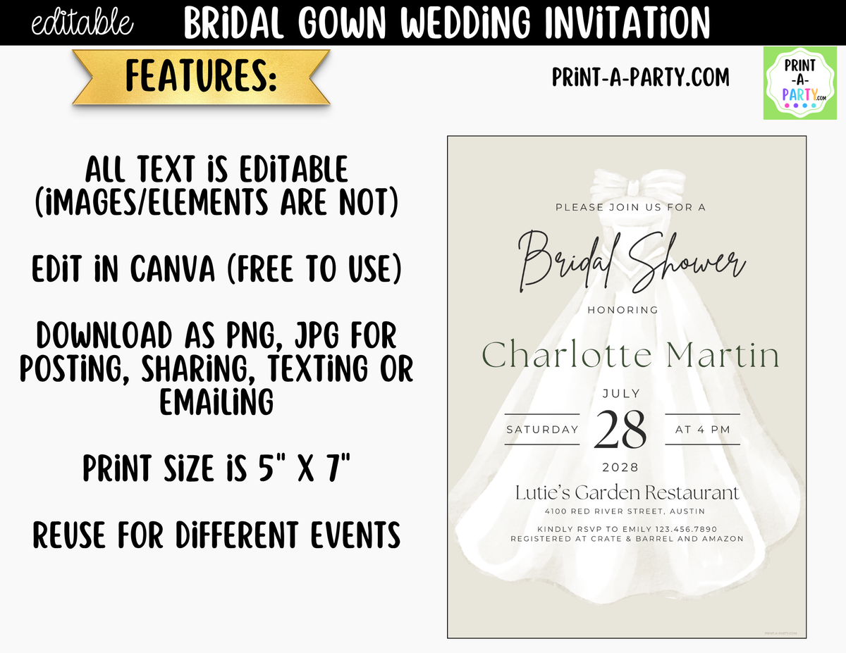 Bridal Gown Wedding Invitation Editable Canva Template