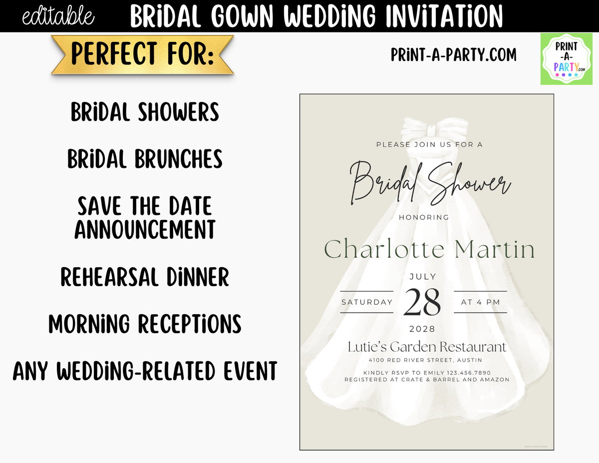 Bridal Gown Wedding Invitation Editable Canva Template