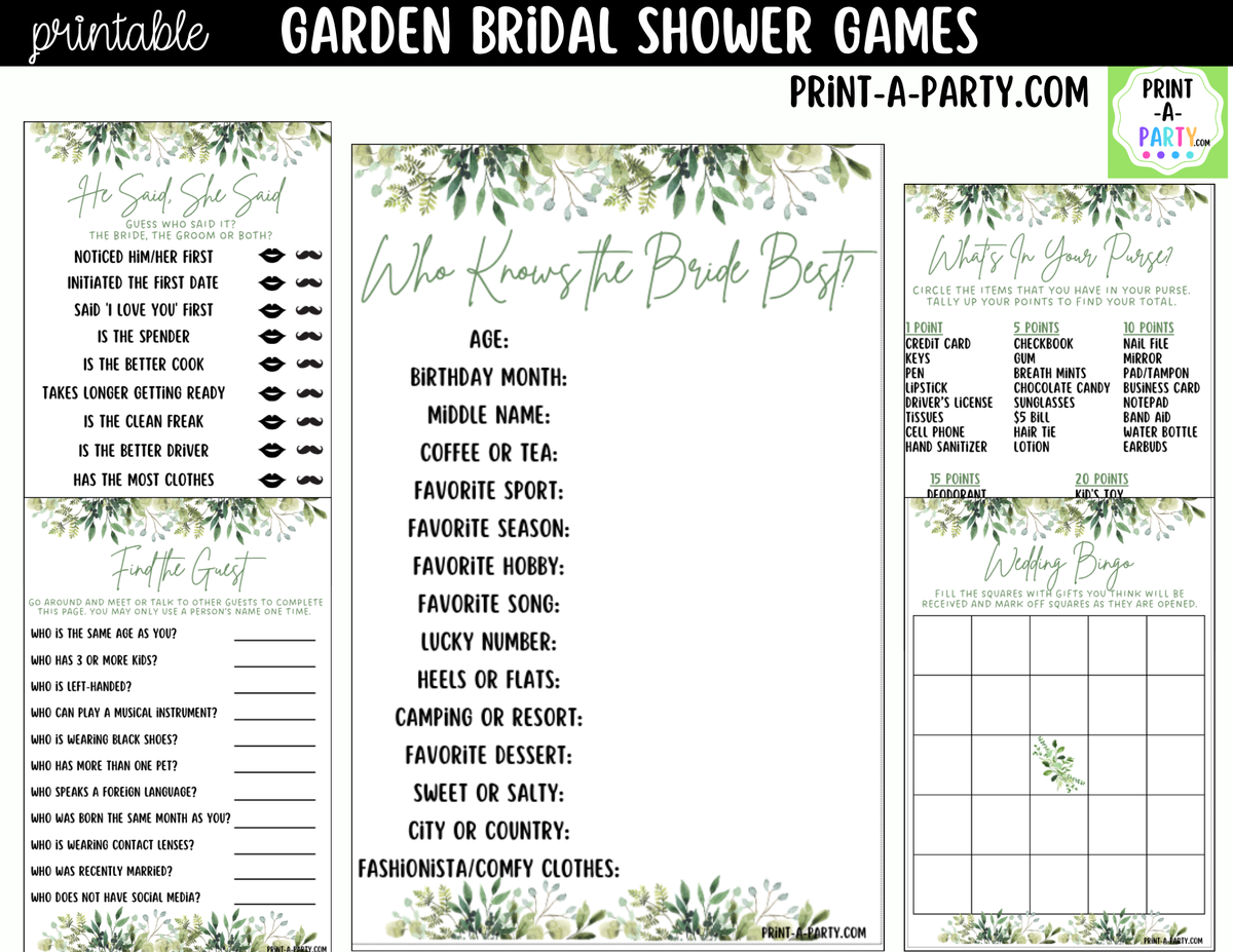 Garden Bridal Shower Games Printable Bundle