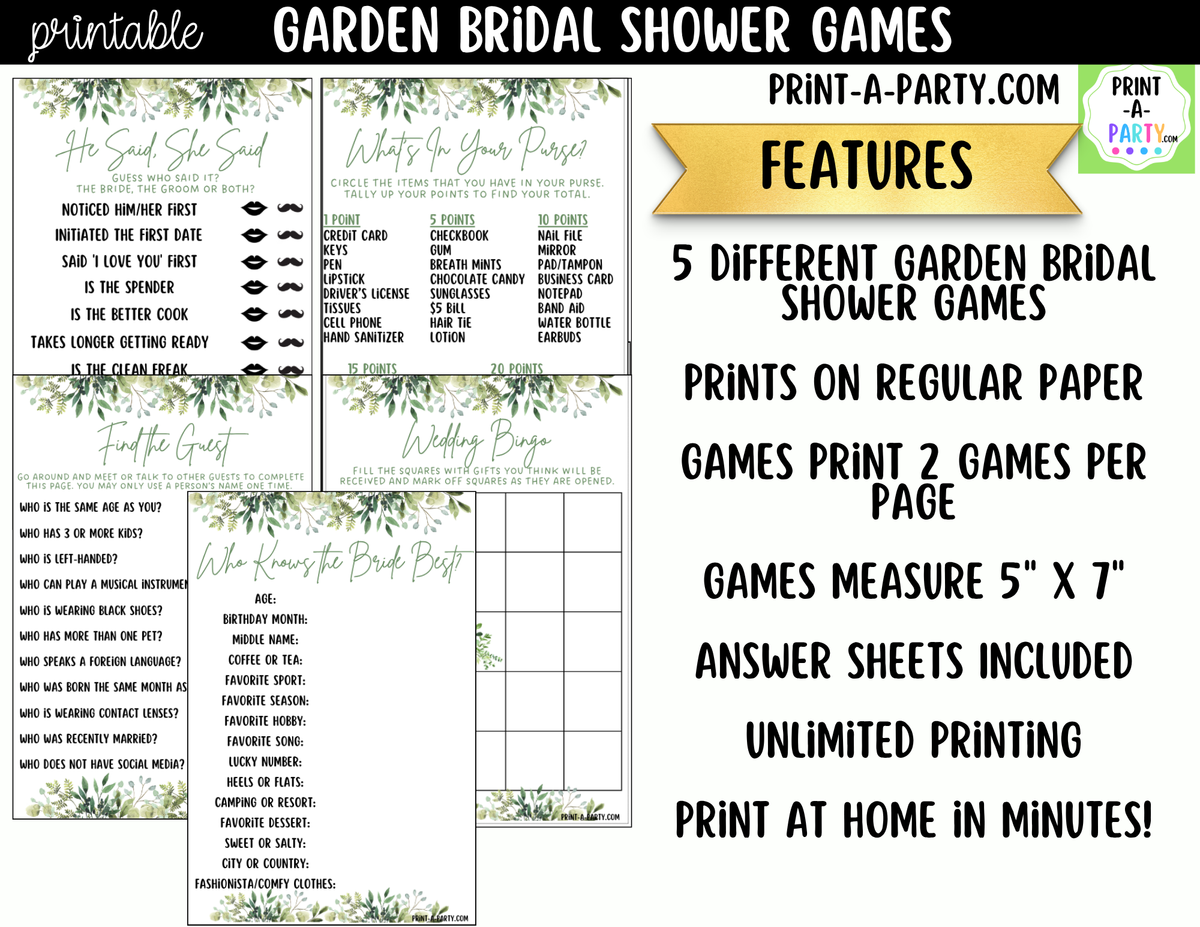 Garden Bridal Shower Games Printable Bundle