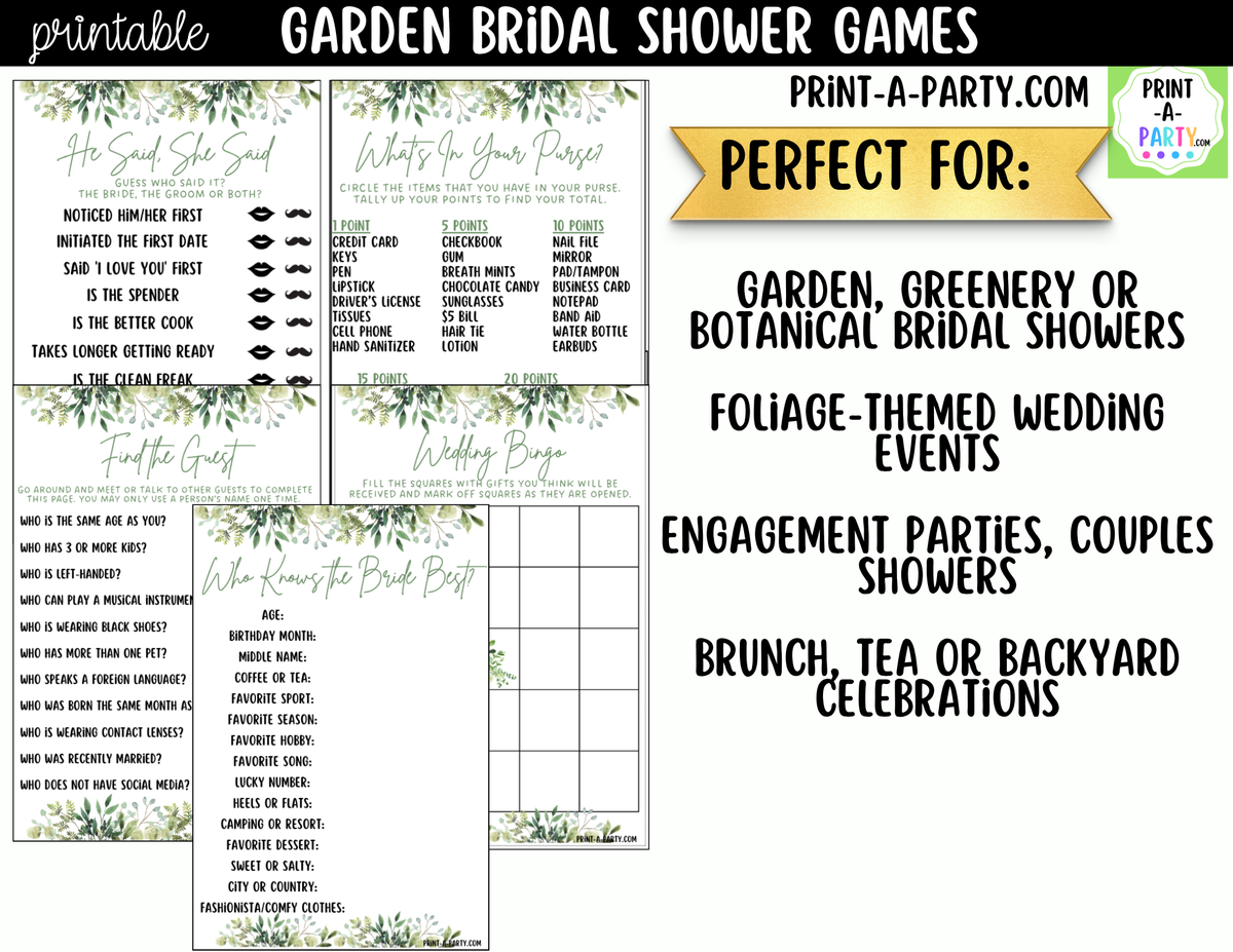 Garden Bridal Shower Games Printable Bundle