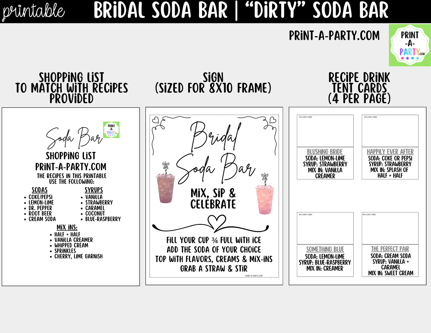Bridal "Dirty" Soda Bar Kit - Printable Sign (8x10), Recipe Tent Cards (12 recipes!) + Shopping List for wedding events