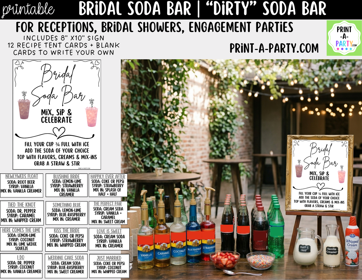 Bridal "Dirty" Soda Bar Kit - Printable Sign (8x10), Recipe Tent Cards (12 recipes!) + Shopping List for wedding events