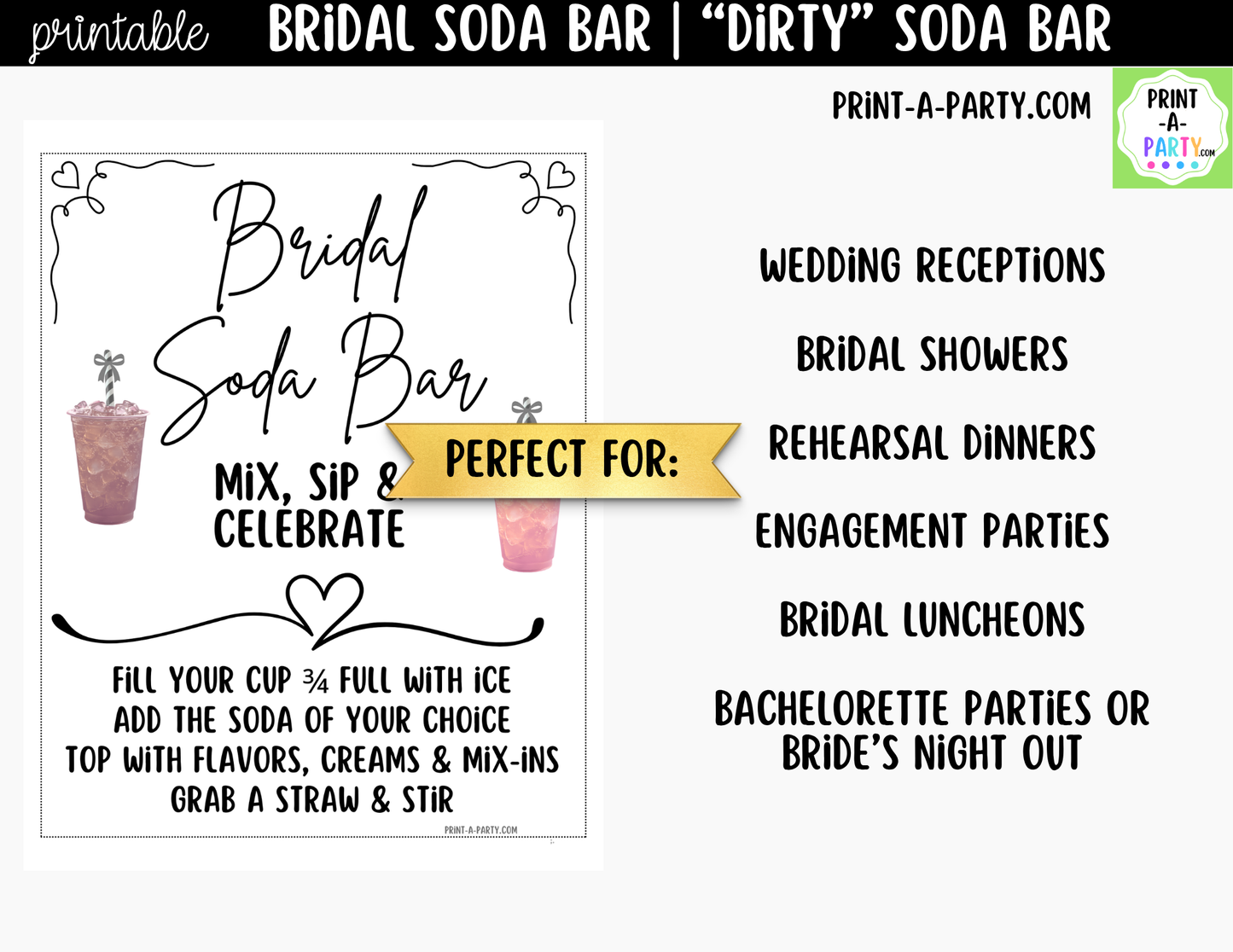 Bridal "Dirty" Soda Bar Kit - Printable Sign (8x10), Recipe Tent Cards (12 recipes!) + Shopping List for wedding events
