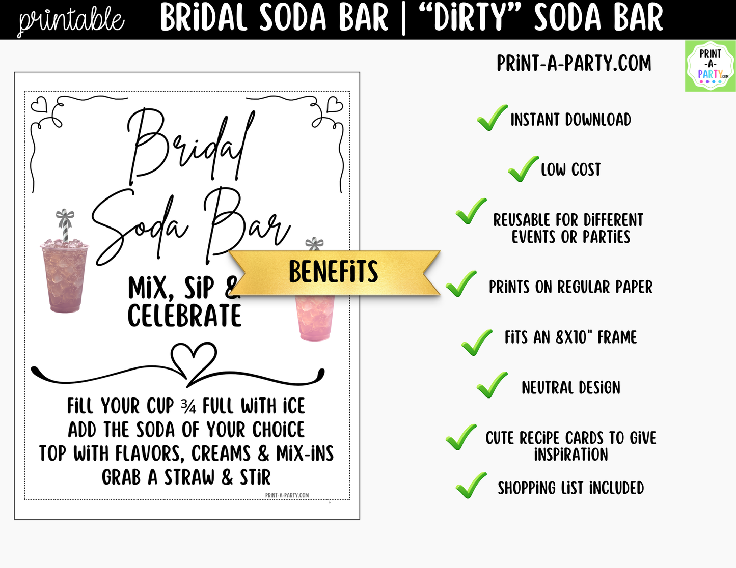 Bridal "Dirty" Soda Bar Kit - Printable Sign (8x10), Recipe Tent Cards (12 recipes!) + Shopping List for wedding events