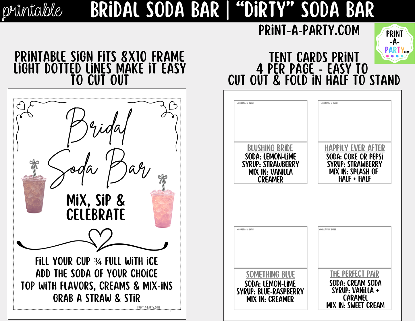 Bridal "Dirty" Soda Bar Kit - Printable Sign (8x10), Recipe Tent Cards (12 recipes!) + Shopping List for wedding events