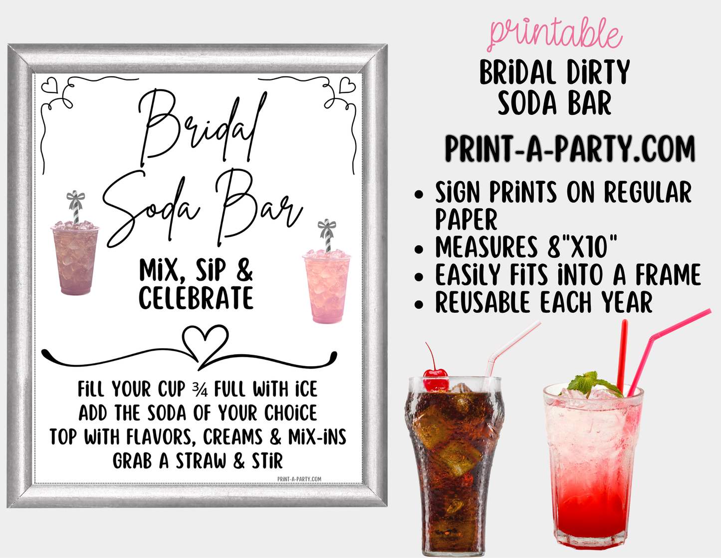 Bridal "Dirty" Soda Bar Kit - Printable Sign (8x10), Recipe Tent Cards (12 recipes!) + Shopping List for wedding events