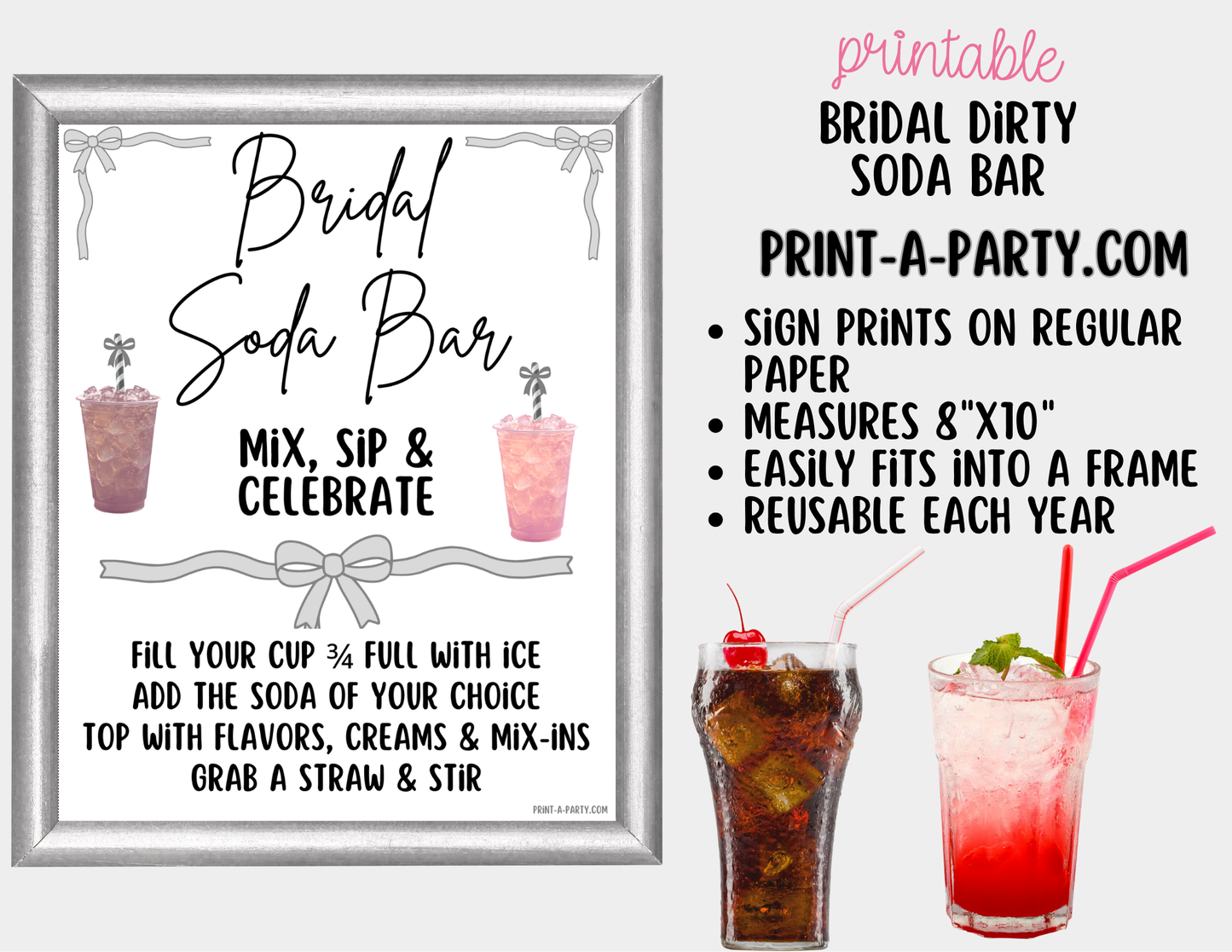 Bridal "Dirty" Soda Bar Kit - Printable Sign (8x10), Recipe Tent Cards (12 recipes!) + Shopping list for wedding events