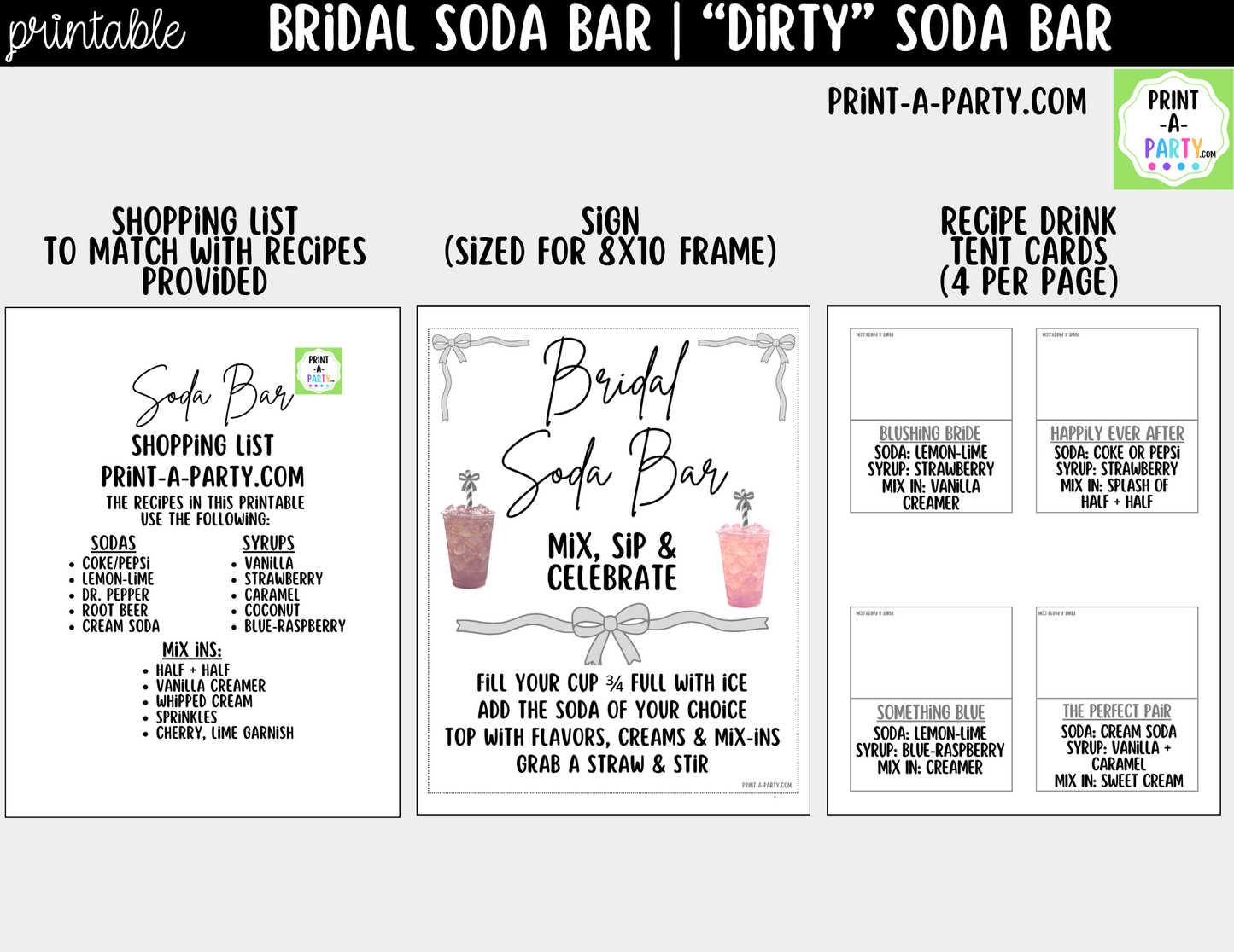Bridal "Dirty" Soda Bar Kit - Printable Sign (8x10), Recipe Tent Cards (12 recipes!) + Shopping list for wedding events