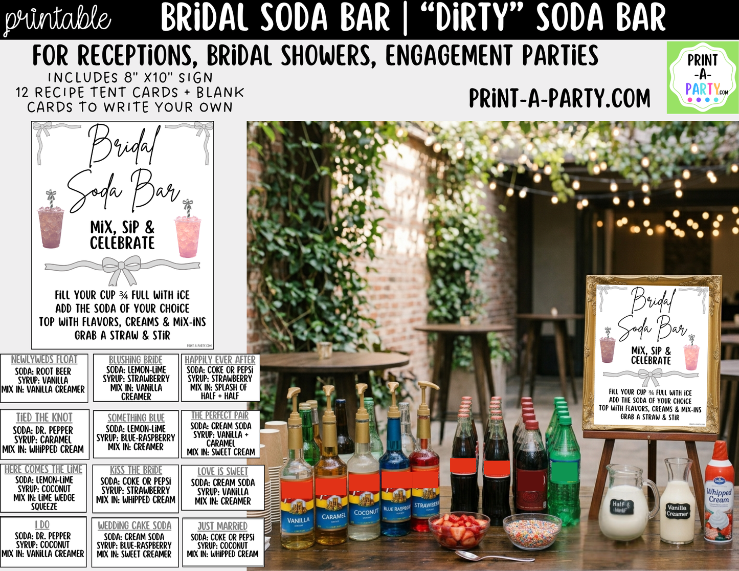 Bridal "Dirty" Soda Bar Kit - Printable Sign (8x10), Recipe Tent Cards (12 recipes!) + Shopping list for wedding events