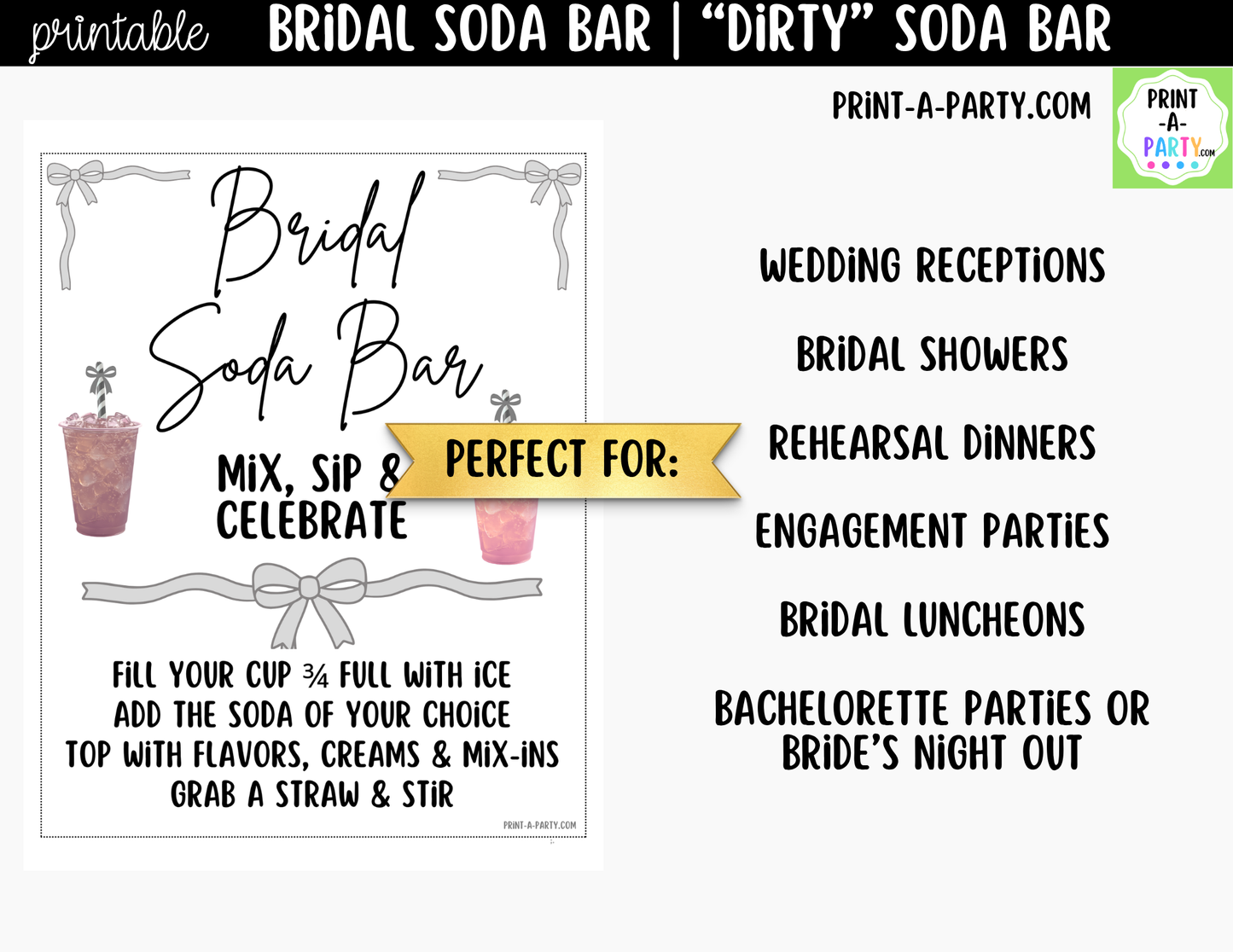 Bridal "Dirty" Soda Bar Kit - Printable Sign (8x10), Recipe Tent Cards (12 recipes!) + Shopping list for wedding events