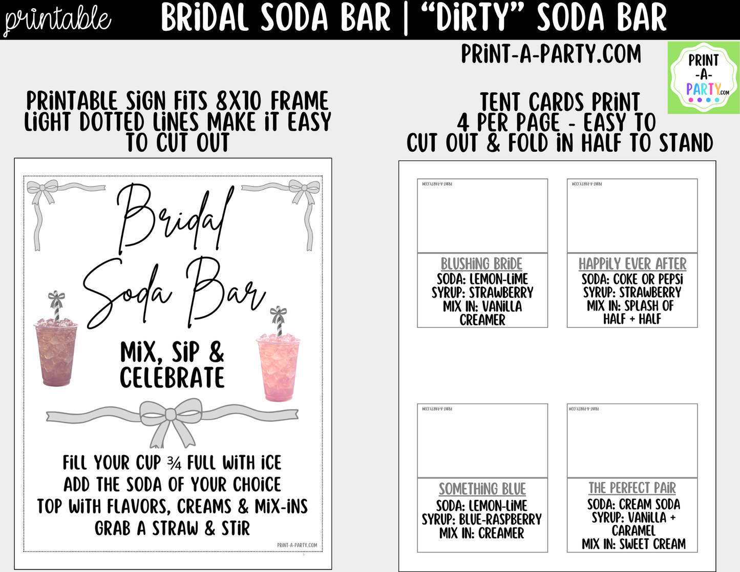 Bridal "Dirty" Soda Bar Kit - Printable Sign (8x10), Recipe Tent Cards (12 recipes!) + Shopping list for wedding events