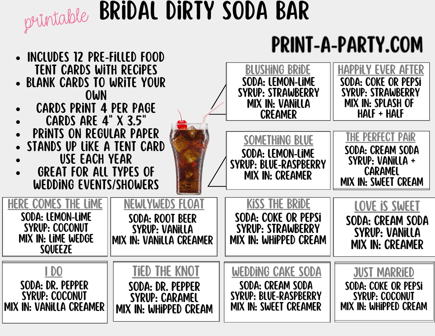 Bridal "Dirty" Soda Bar Kit - Printable Sign (8x10), Recipe Tent Cards (12 recipes!) + Shopping list for wedding events