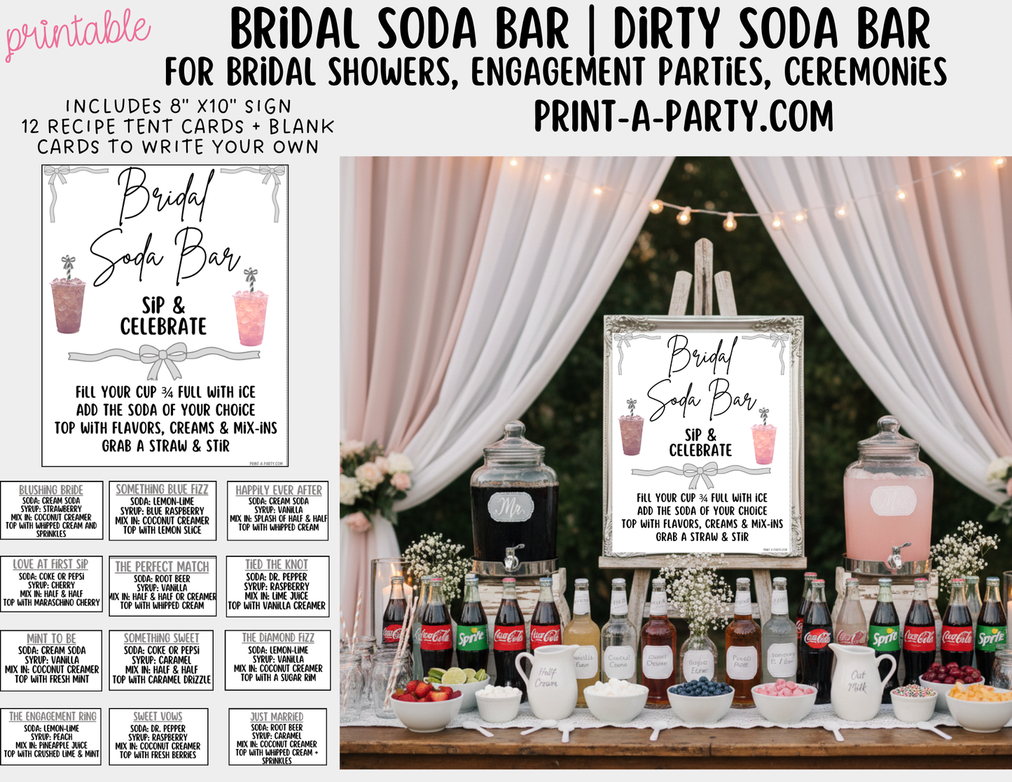 SODA BAR - Printable Bridal "Dirty" Soda Bar Kit - Sign & Recipe Tent Cards (12 recipes!) for wedding events