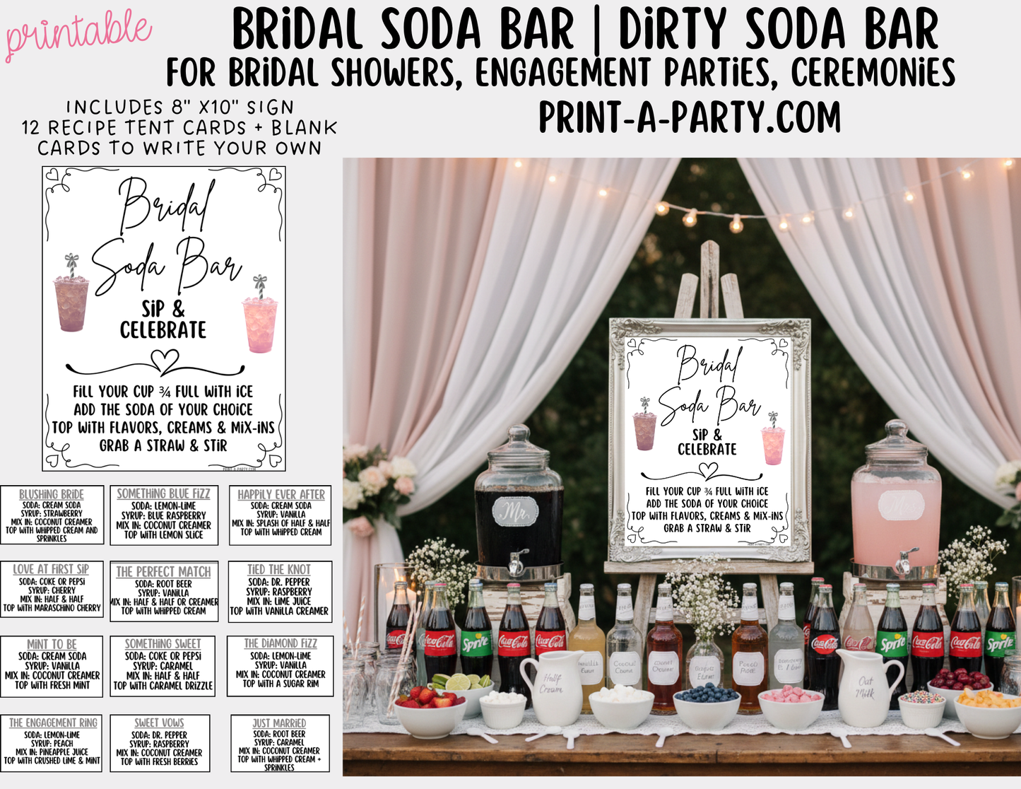 SODA BAR - Printable Bridal "Dirty" Soda Bar Kit - Sign & Recipe Tent Cards (12 recipes!) for wedding events
