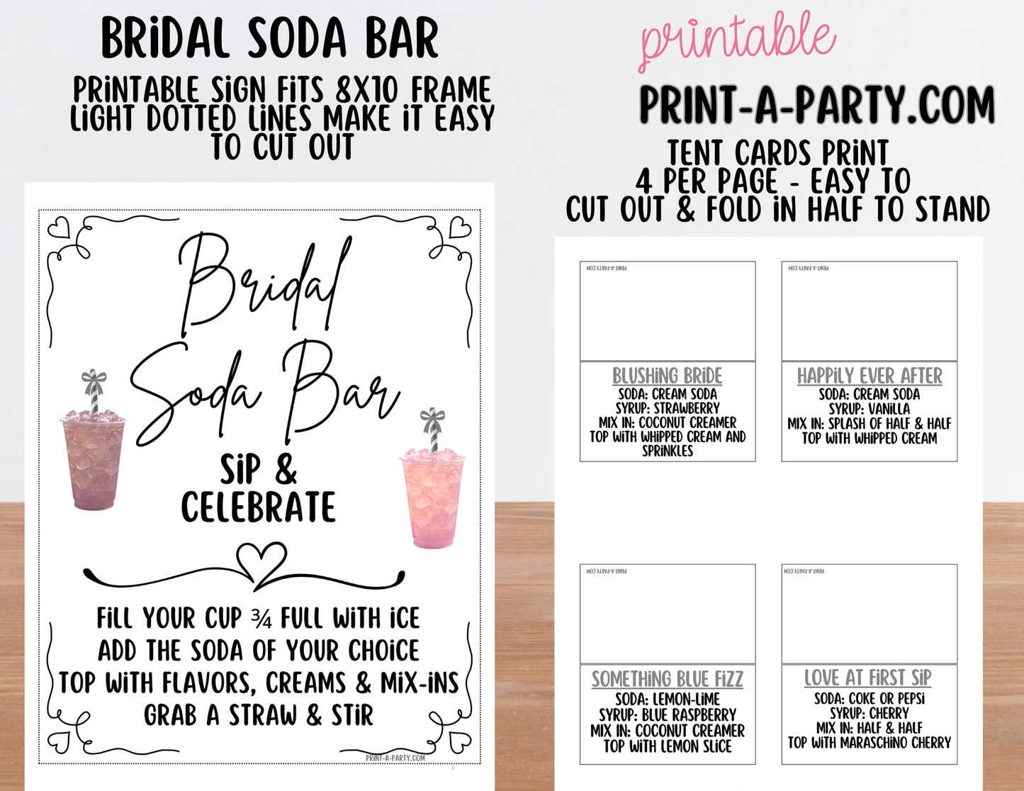 SODA BAR - Printable Bridal "Dirty" Soda Bar Kit - Sign & Recipe Tent Cards (12 recipes!) for wedding events