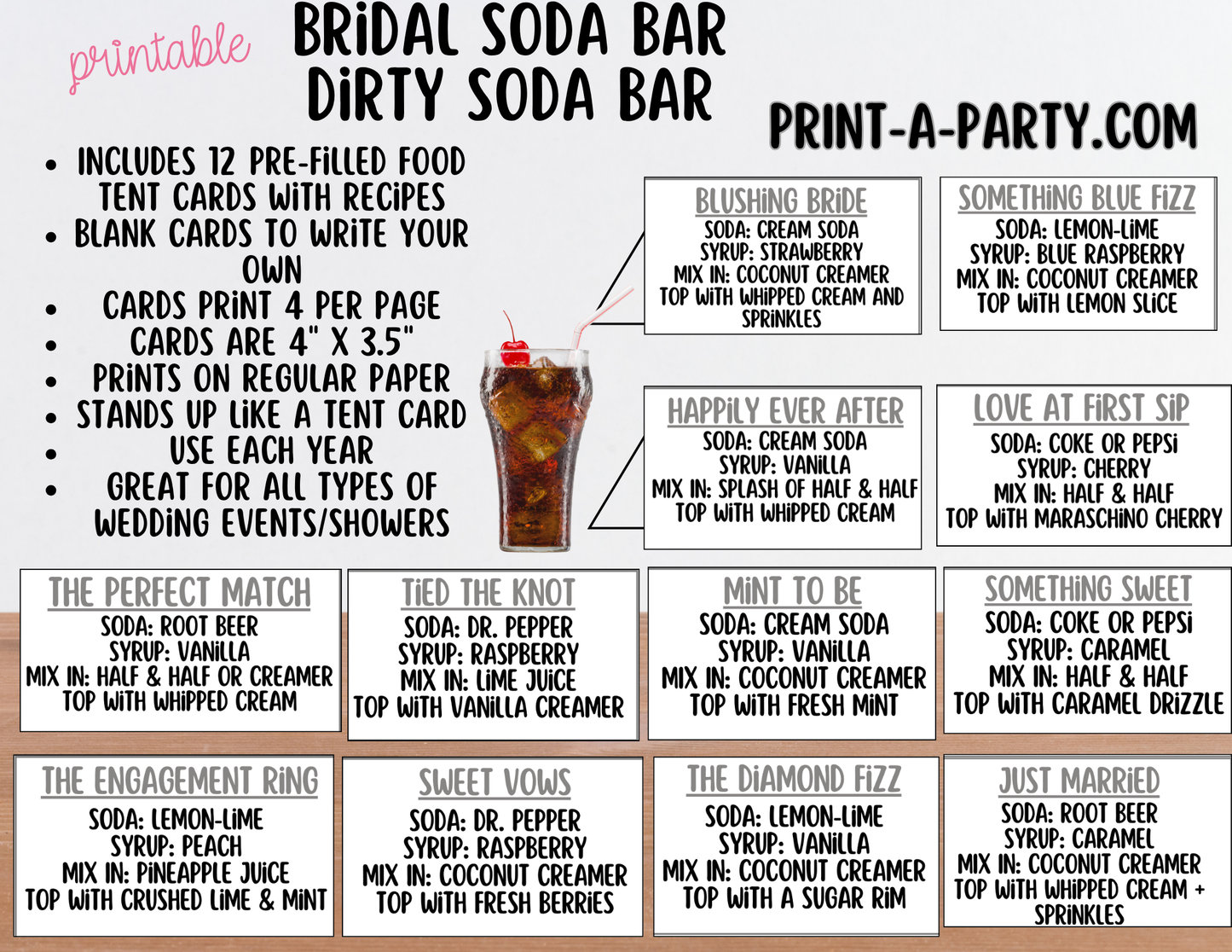 SODA BAR - Printable Bridal "Dirty" Soda Bar Kit - Sign & Recipe Tent Cards (12 recipes!) for wedding events
