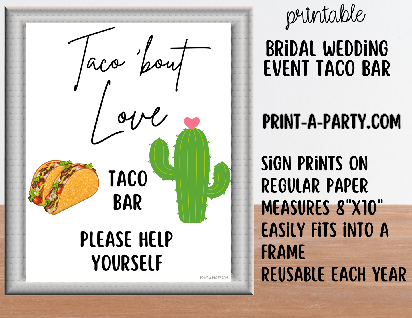 Wedding Event Taco Bar - Taco ’Bout Love Printable Sign | Bridal Shower Taco Bar Sign | Wedding Food Bar Decor | Instant Download