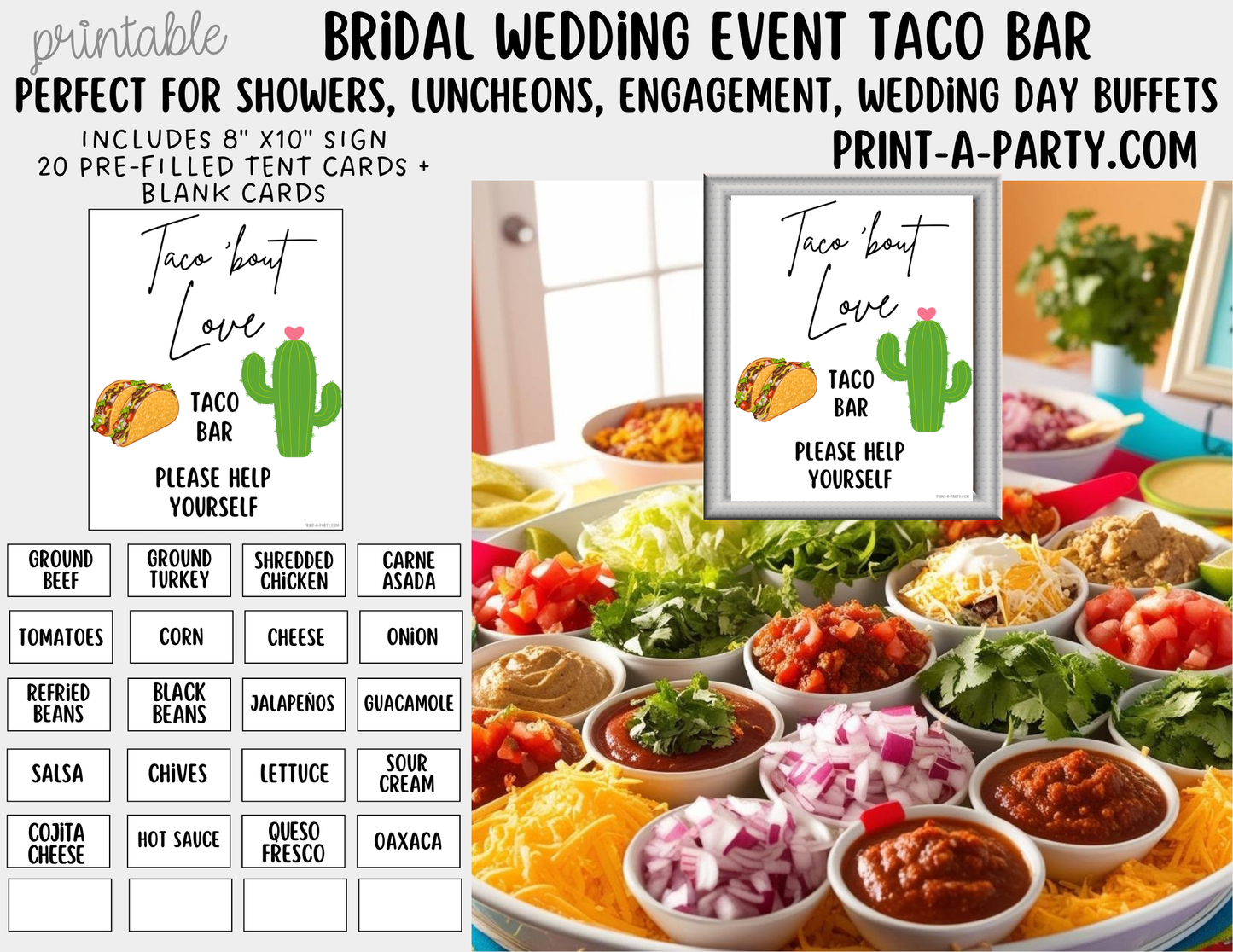 Wedding Event Taco Bar - Taco ’Bout Love Printable Sign | Bridal Shower Taco Bar Sign | Wedding Food Bar Decor | Instant Download