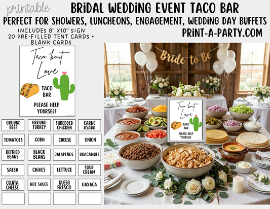 Wedding Taco Bar Printable Sign & Tent Cards – Bridal Shower Taco Station Decor, Instant Download
