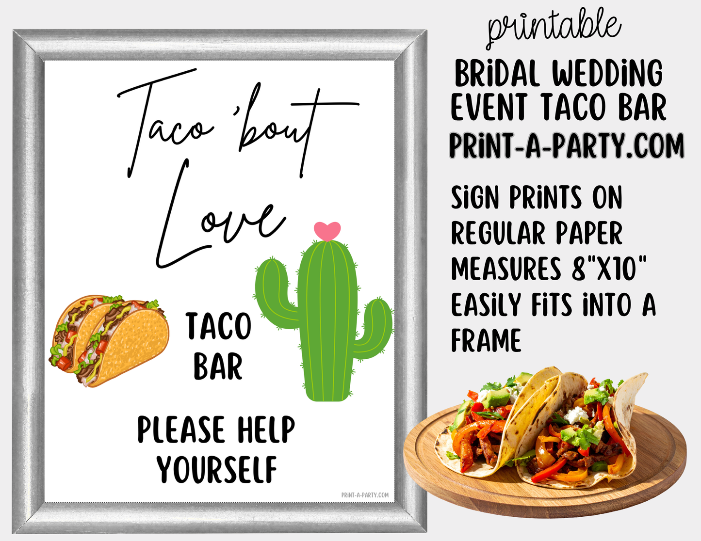 Wedding Taco Bar Printable Sign (8x10) & Topping Tent Cards – Bridal Shower Taco Station Decor, Instant Download