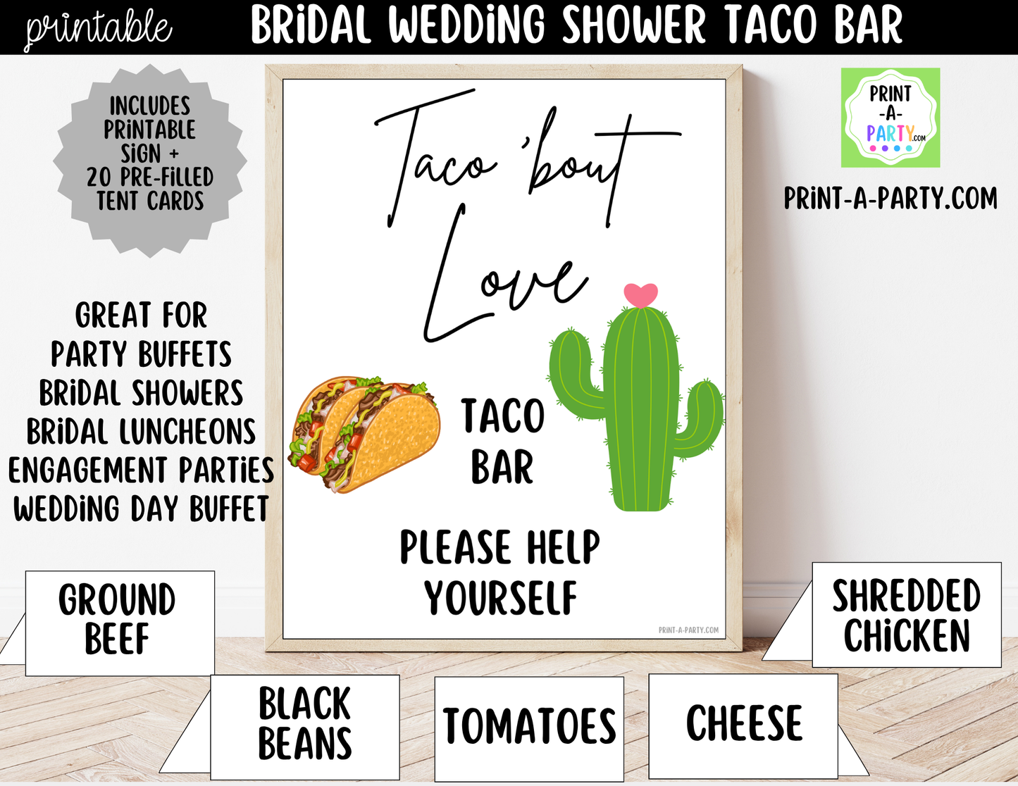 Wedding Taco Bar Printable Sign (8x10) & Topping Tent Cards – Bridal Shower Taco Station Decor, Instant Download