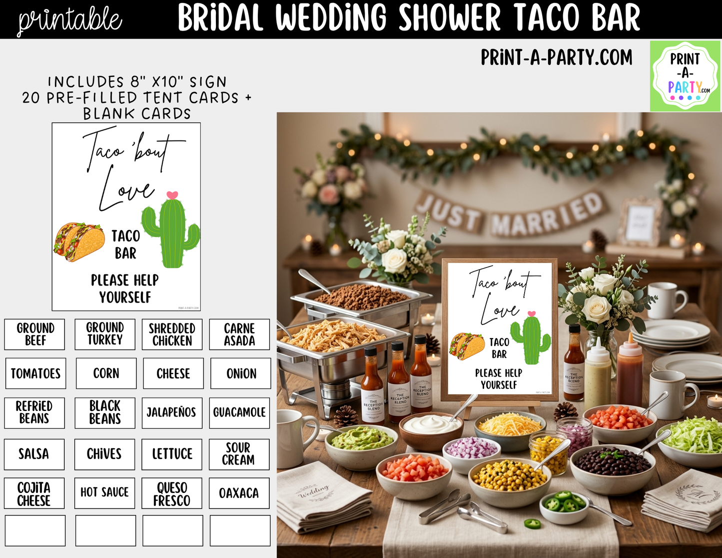 Wedding Taco Bar Printable Sign (8x10) & Topping Tent Cards – Bridal Shower Taco Station Decor, Instant Download