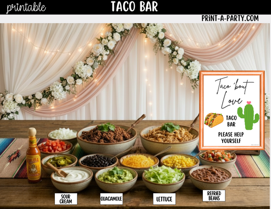 Wedding Taco Bar Printable Sign (8x10) & Topping Tent Cards – Bridal Shower Taco Station Decor, Instant Download