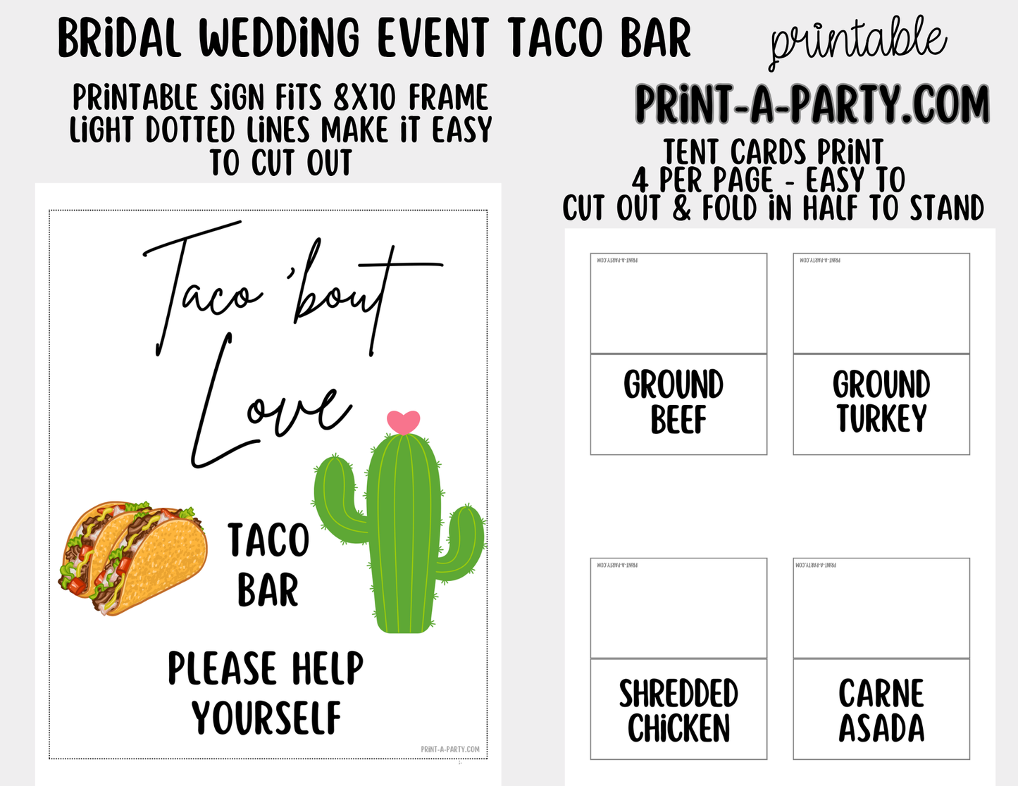 Wedding Taco Bar Printable Sign (8x10) & Topping Tent Cards – Bridal Shower Taco Station Decor, Instant Download