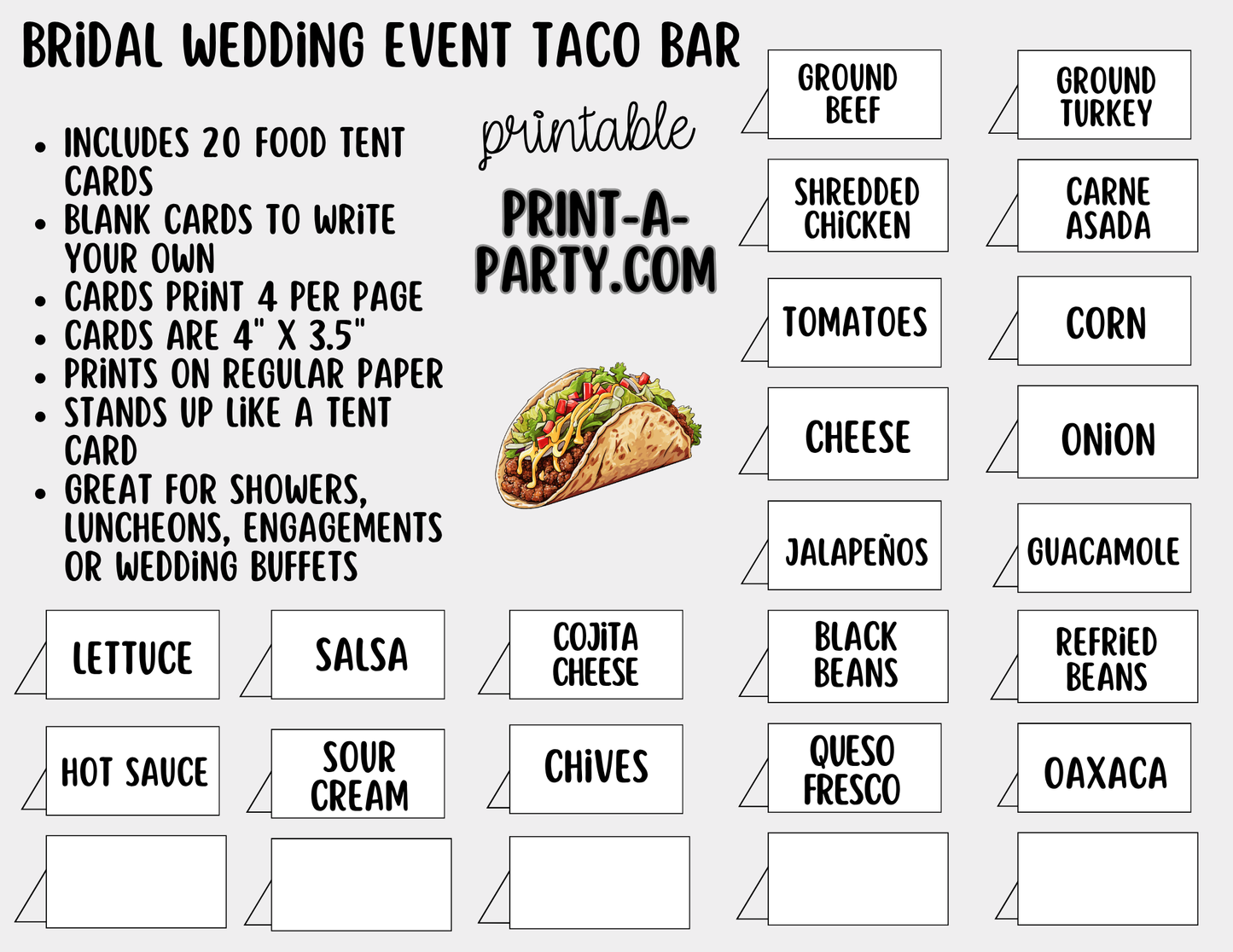 Wedding Taco Bar Printable Sign (8x10) & Topping Tent Cards – Bridal Shower Taco Station Decor, Instant Download