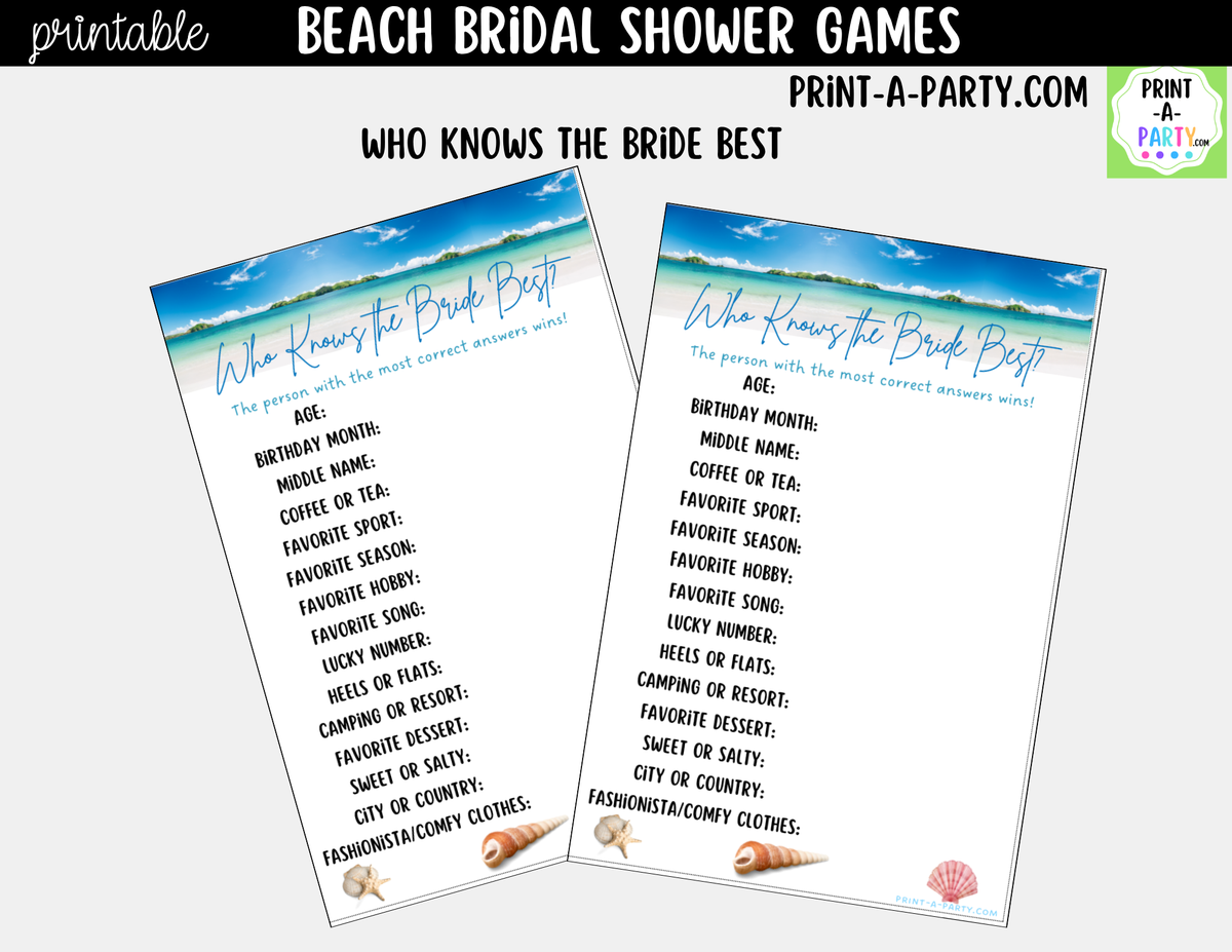 Beach Bridal Shower Games Bundle – Tropical Printable