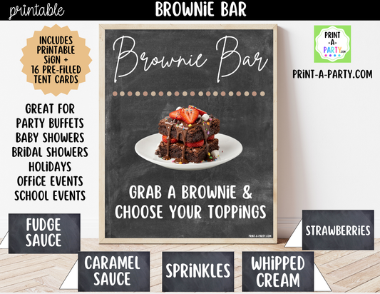 Brownie Bar Printable Sign (8x10) & Topping Tent Cards – Perfect for Parties, Showers and Events