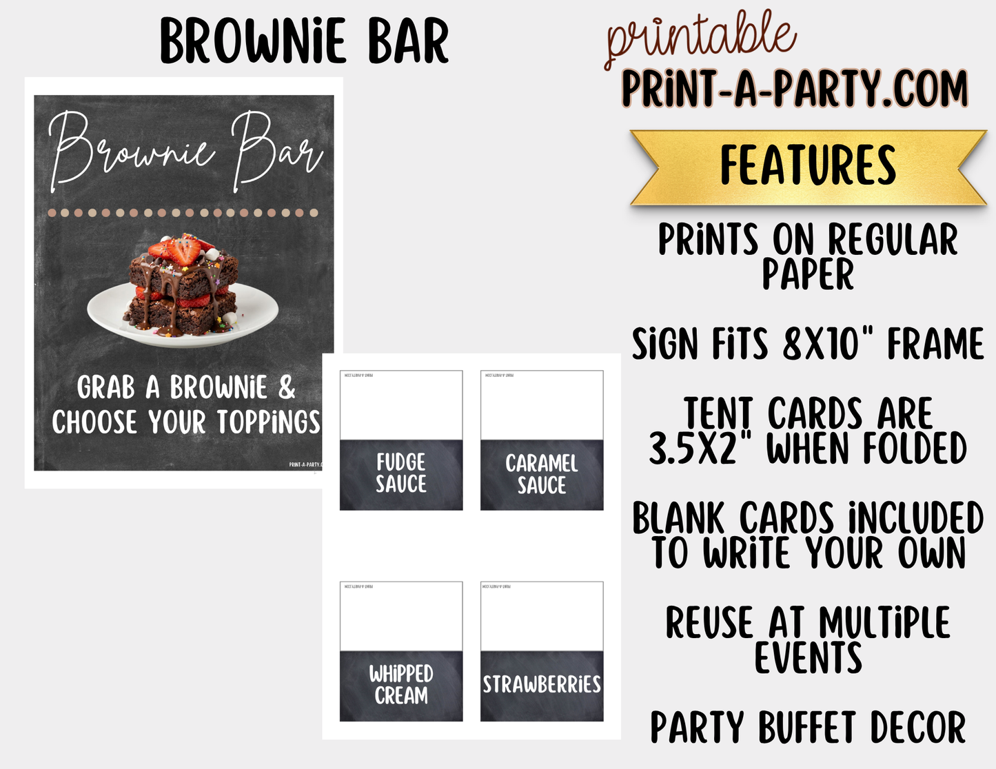 Brownie Bar Printable Sign (8x10) & Topping Tent Cards – Perfect for Parties, Showers and Events