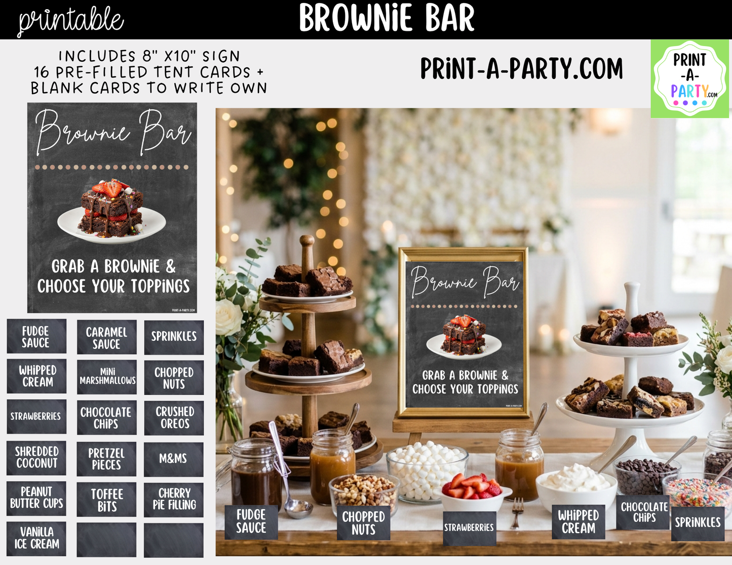 Brownie Bar Printable Sign (8x10) & Topping Tent Cards – Perfect for Parties, Showers and Events