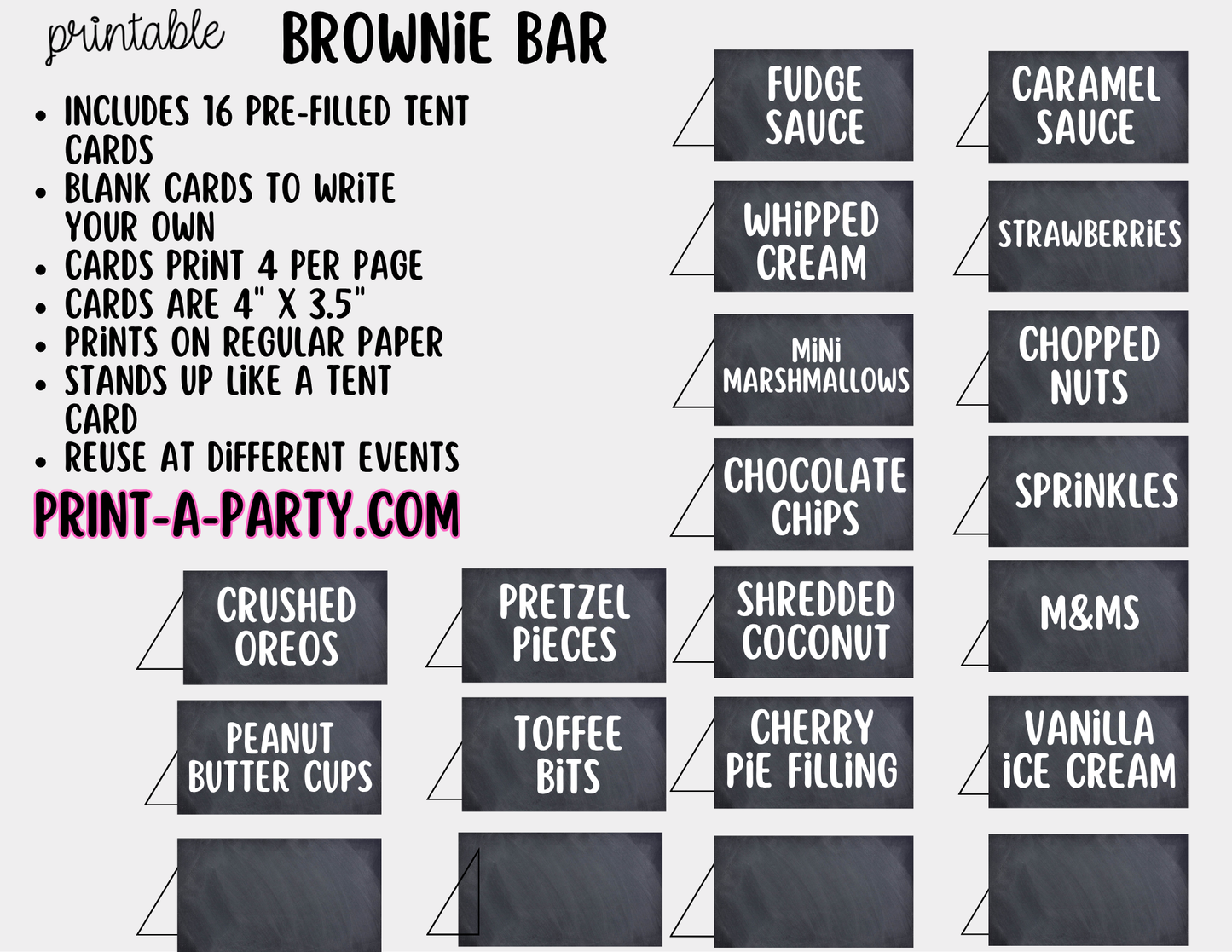 Brownie Bar Printable Sign (8x10) & Topping Tent Cards – Perfect for Parties, Showers and Events