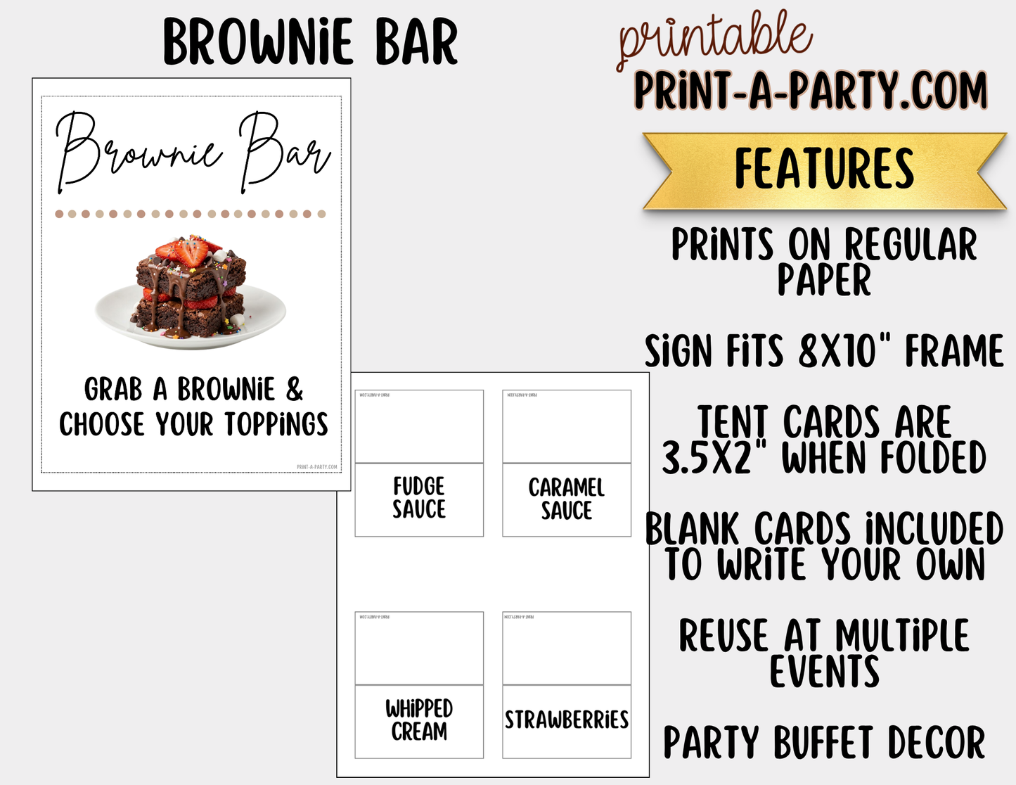 Brownie Bar Printable Sign (8x10) & Topping Tent Cards – Perfect for Parties, Showers and Events