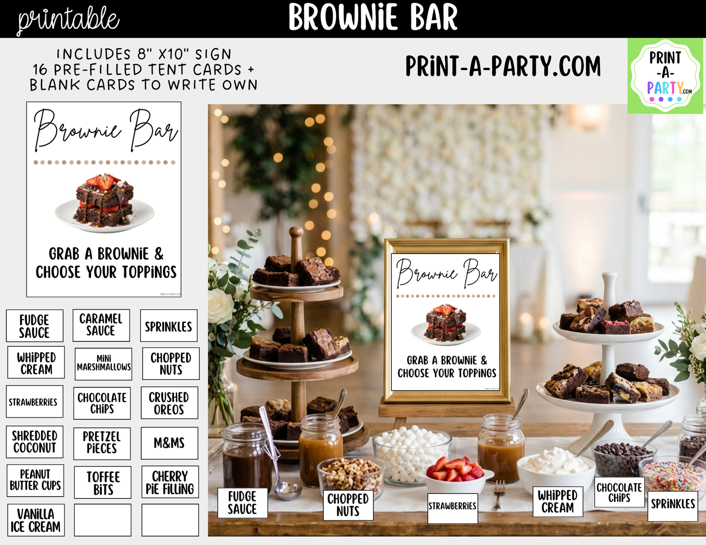 Brownie Bar Printable Sign (8x10) & Topping Tent Cards – Perfect for Parties, Showers and Events