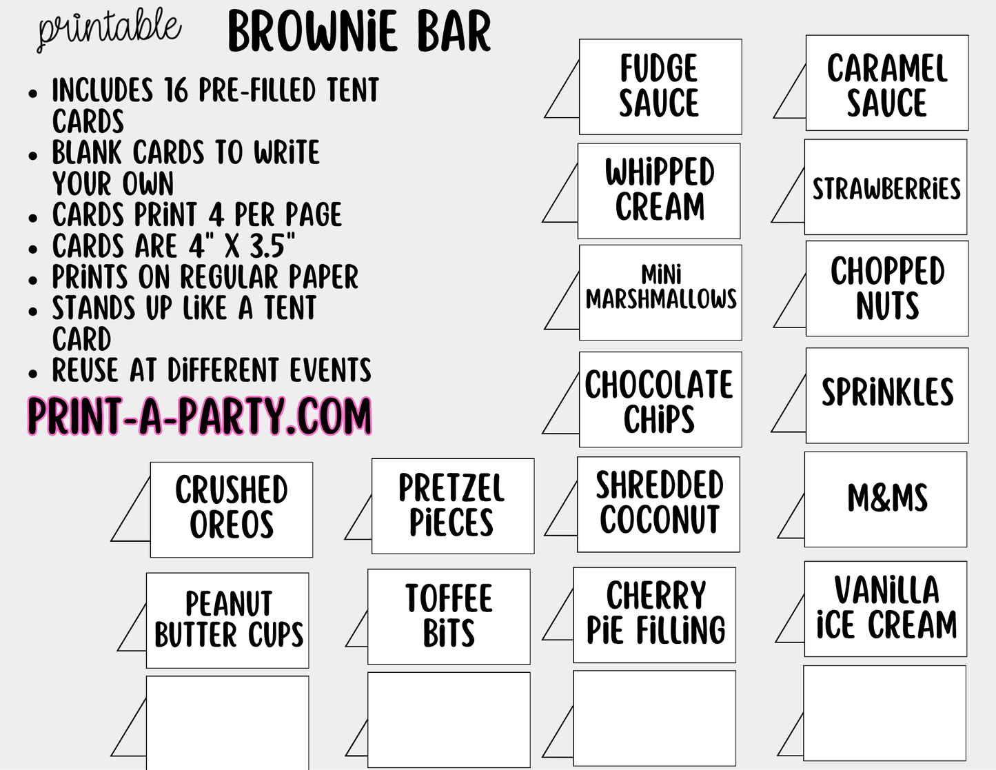 Brownie Bar Printable Sign (8x10) & Topping Tent Cards – Perfect for Parties, Showers and Events