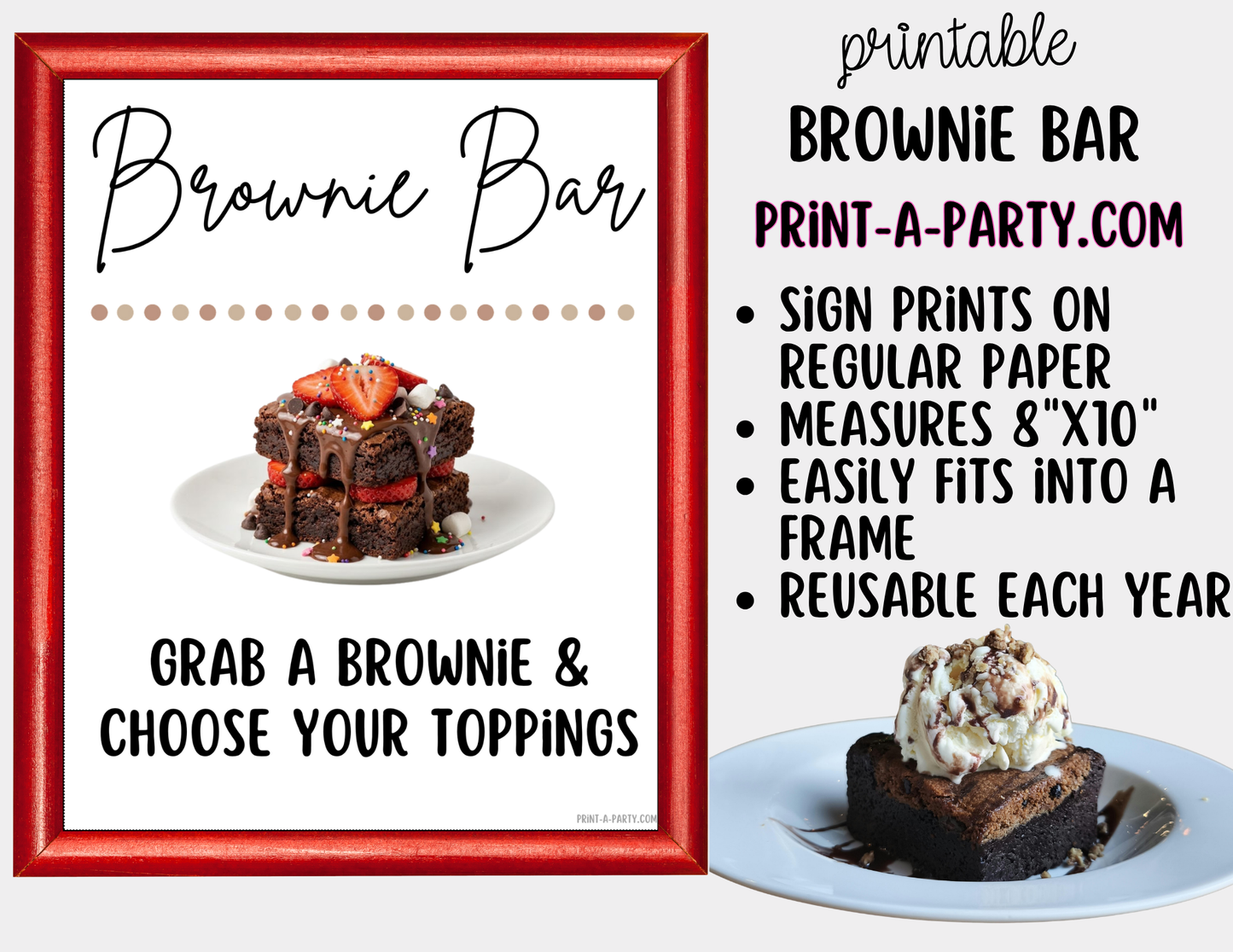 Brownie Bar Printable Sign (8x10) & Topping Tent Cards – Perfect for Parties, Showers and Events