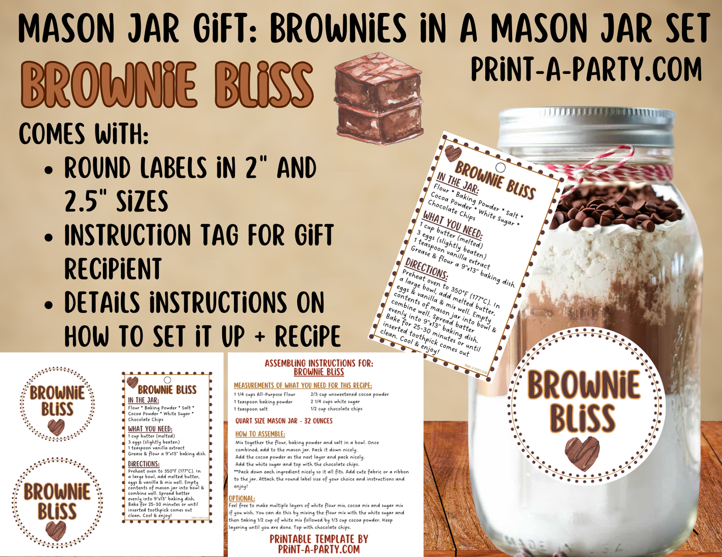 MASON JAR GIFT: Brownies in a Mason Jar Printable Kit - DIY Gift Idea for Teachers, Neighbors, Coworkers, Friends